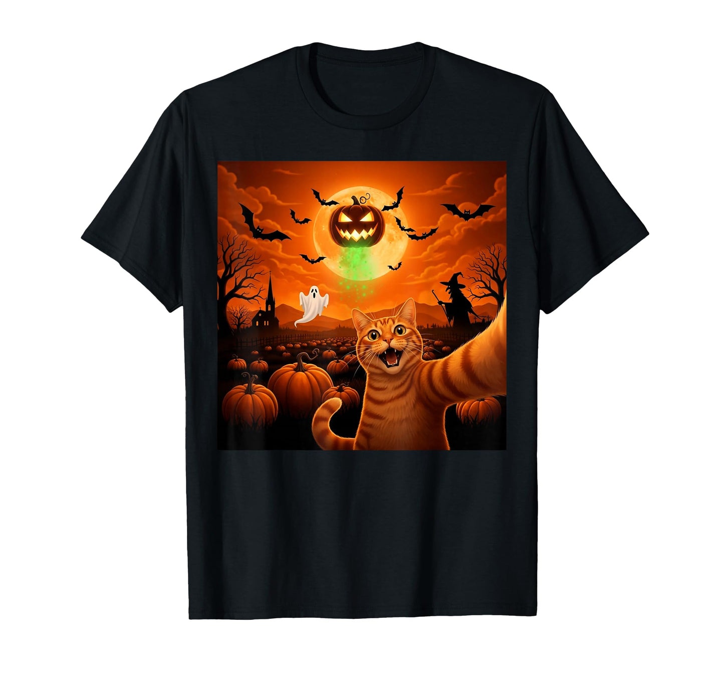 Halloween Cat Selfie Pumpkin Moon Scene T-Shirt