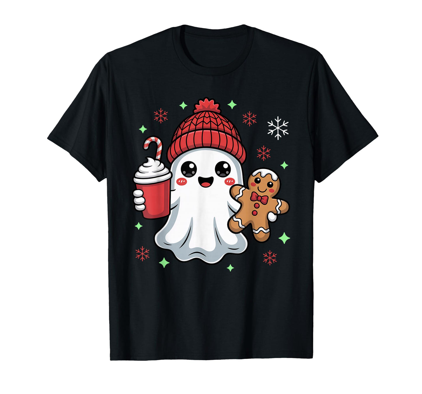 Retro Ghost Beanie Christmas Holiday Xmas Coffee Gingerbread T-Shirt