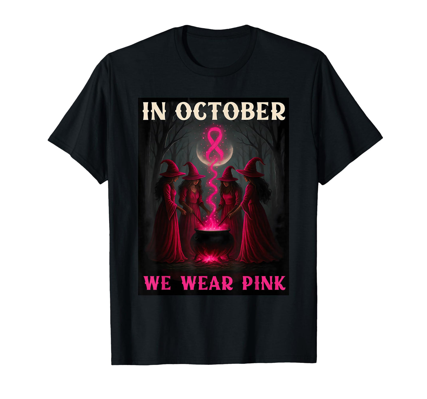 in October We Wear Pink Witch Breast Cancer Halloween Retro T-Shirt