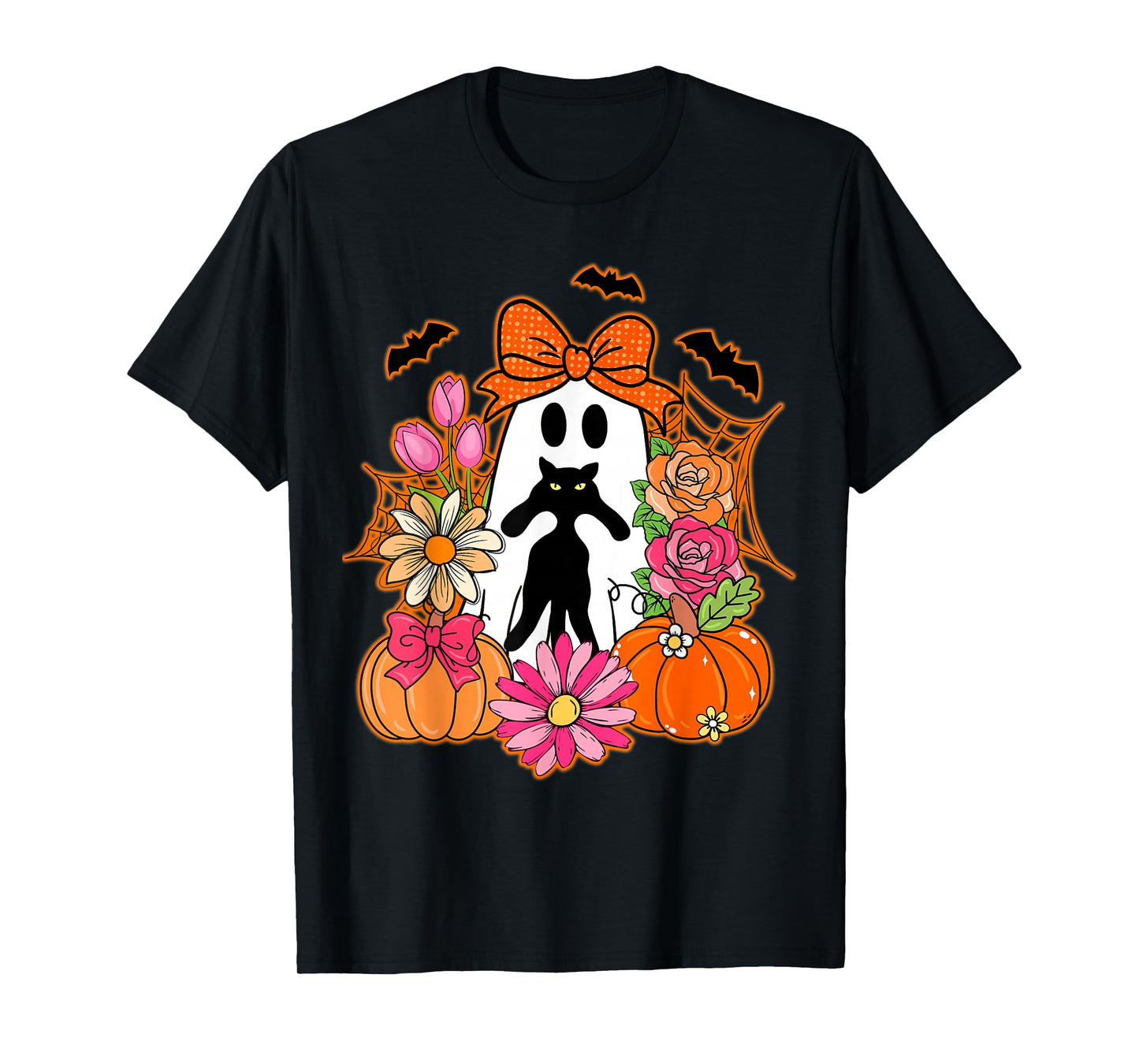 Halloween Ghost Holding Black Cat Groovy Floral T-Shirt