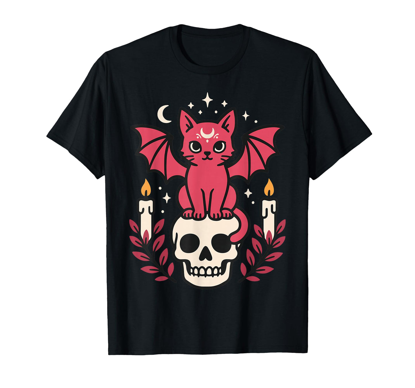 Bat Cat Skull Candle Gothic Halloween Cute Witch Vibes T-Shirt