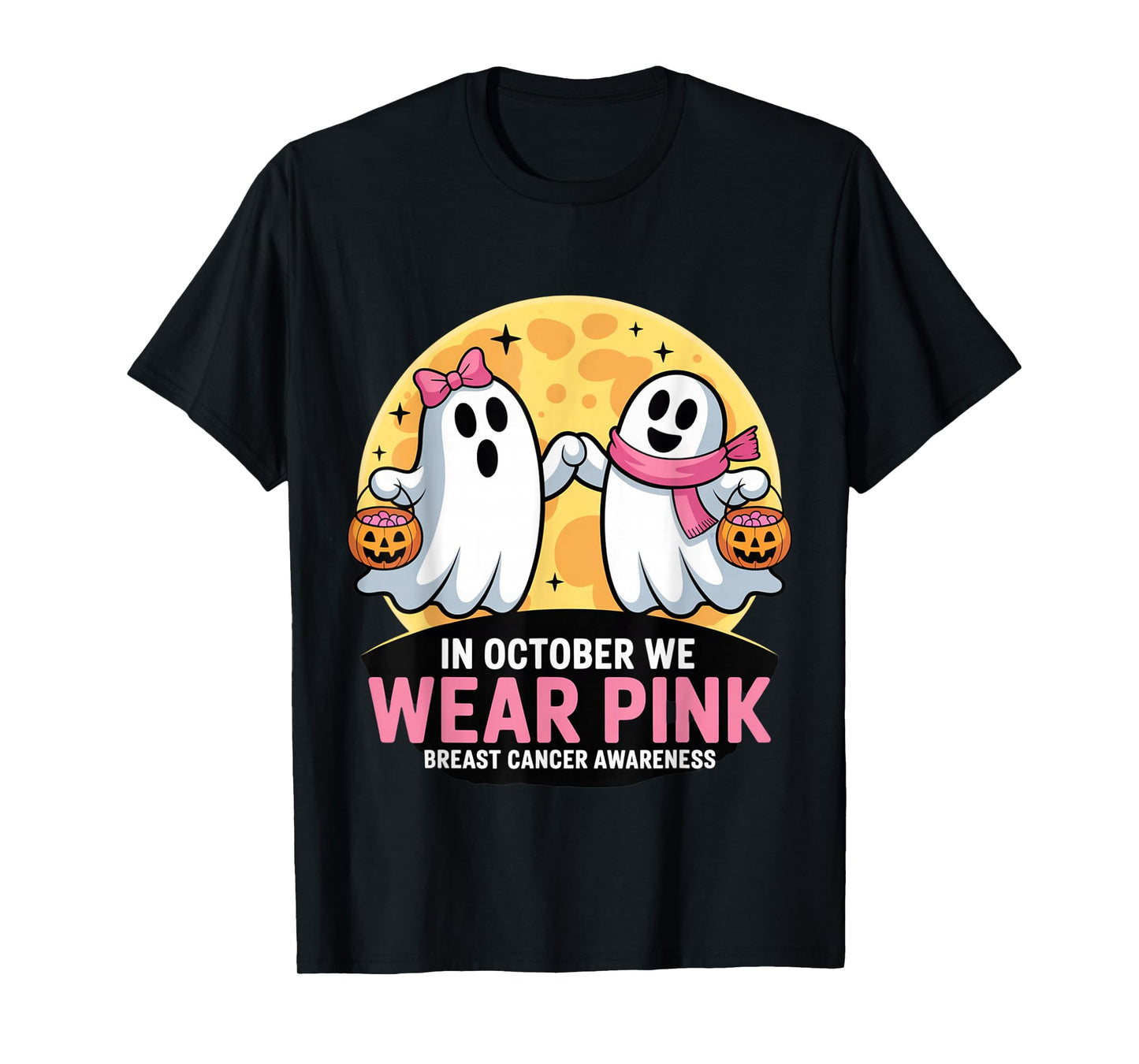 in October We Wear Pink Ghost Witch Breast Cancer Awareness T-Shirt