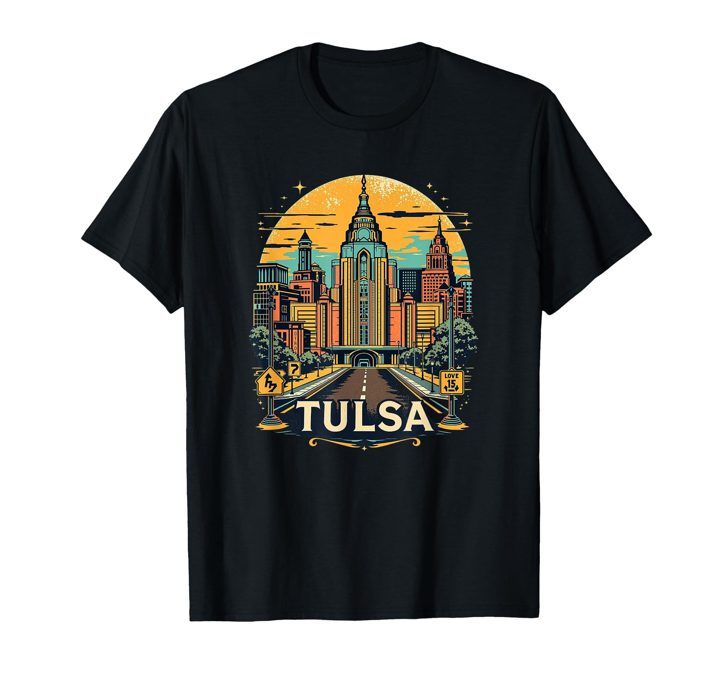 Vintage Tulsa Oklahoma Sunset Skyline Cityscape T-Shirt