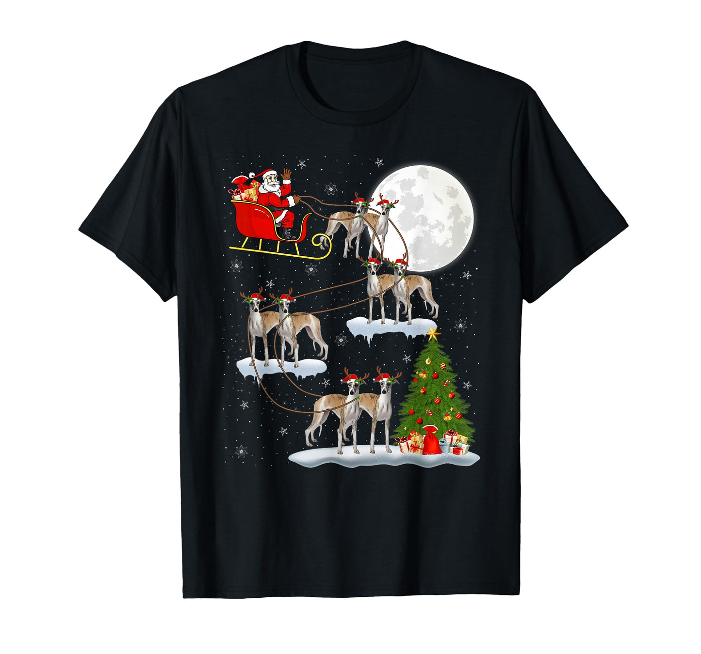 Whippet Dog Santa Sleigh Flying Funny Magical Christmas T-Shirt