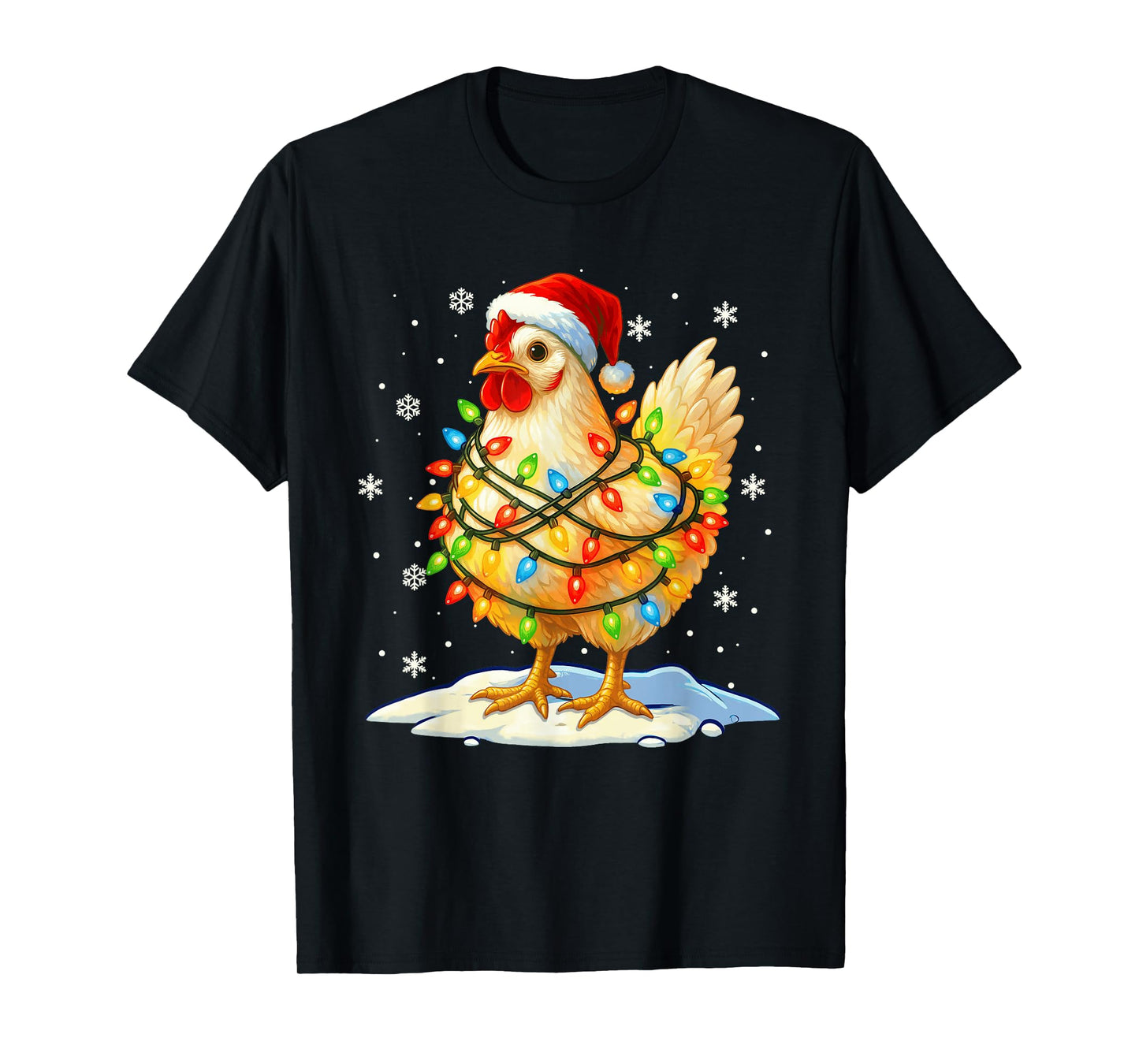 Funny Chicken Santa Hat Christmas Lights Xmas Pajamas Family T-Shirt