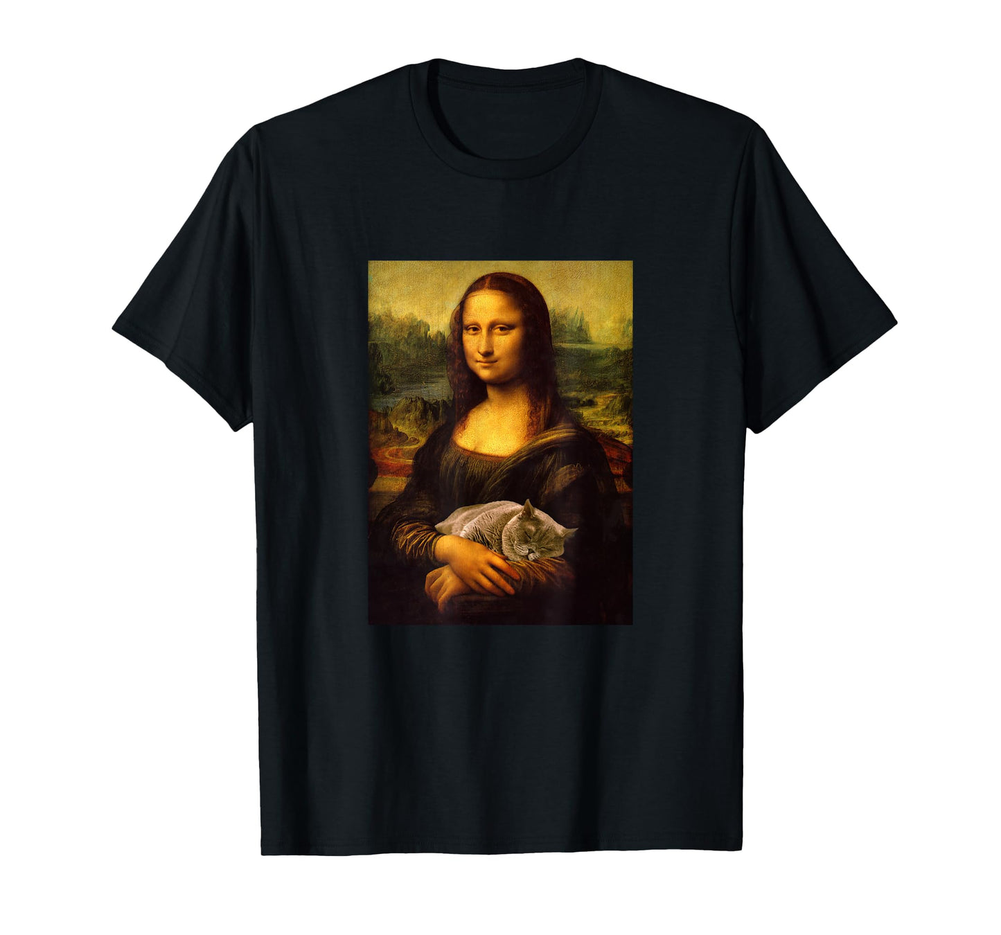 Cool Sarcastic Mona Lisa Carrying Her Cat Graphic Designs T-Shirt