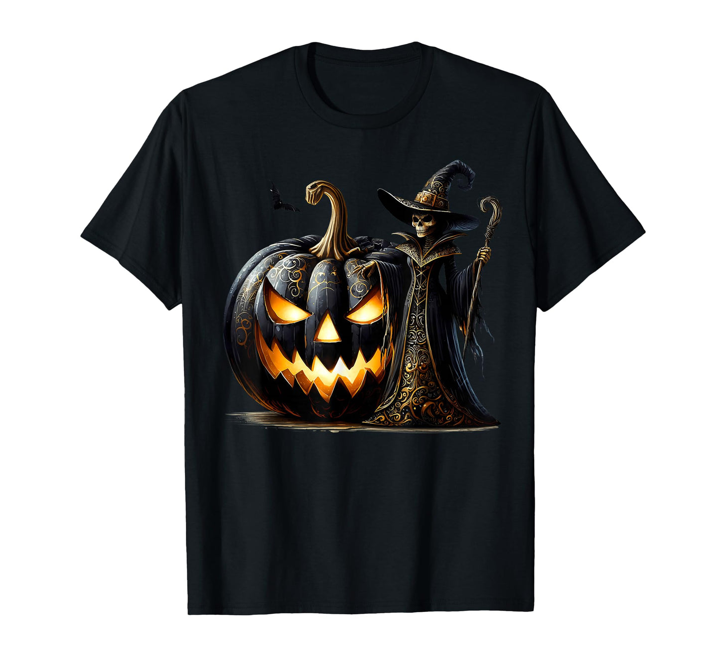 Spooky Halloween Skeleton Witch with Creepy Black Pumpkin T-Shirt