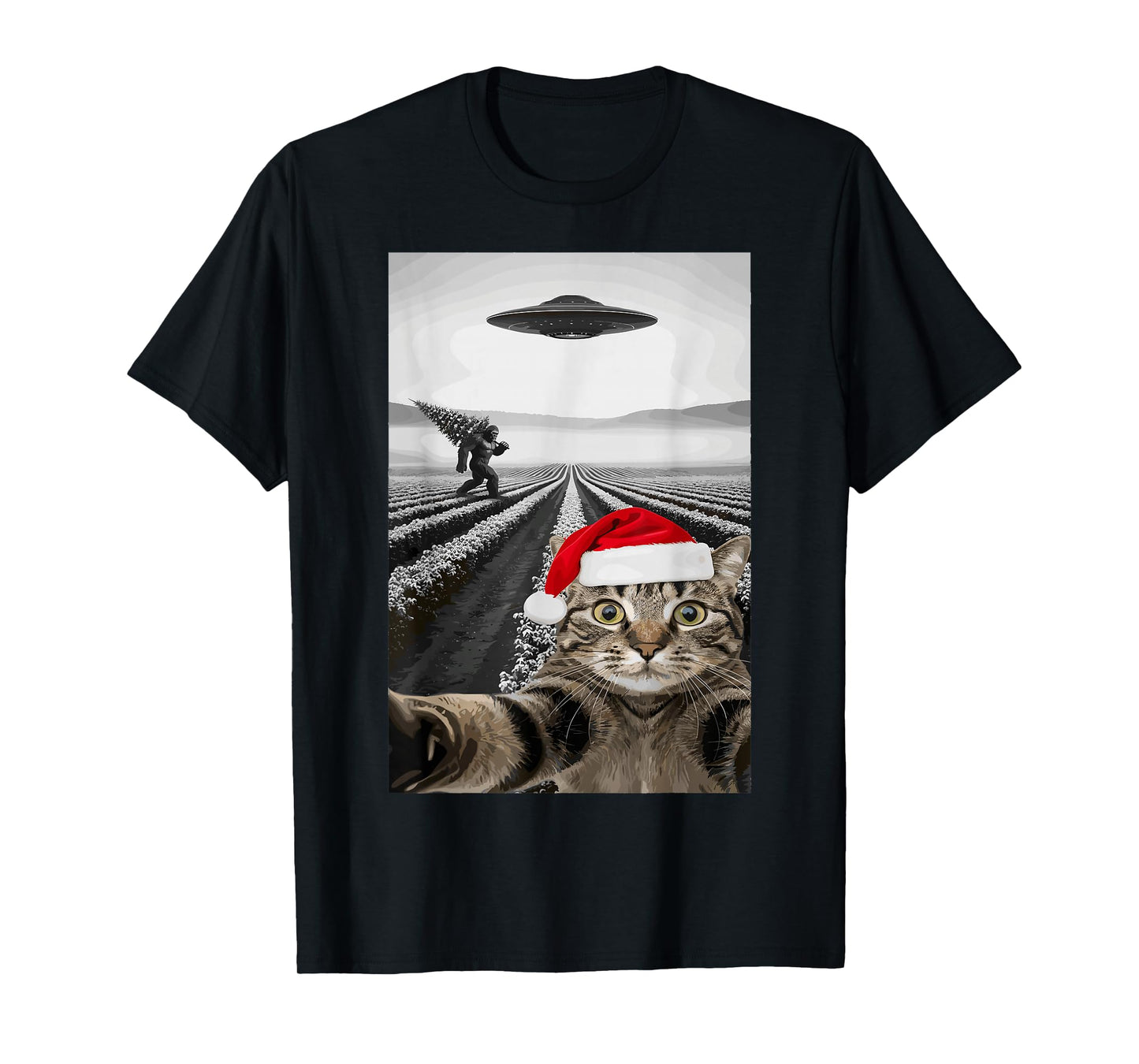 Christmas Cat Selfie Bigfoot UFO Santa Hat Funny T-Shirt