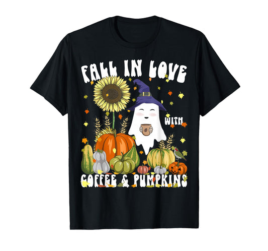 Fall in Love with Coffee & Pumpkins Witch Ghost Halloween T-Shirt