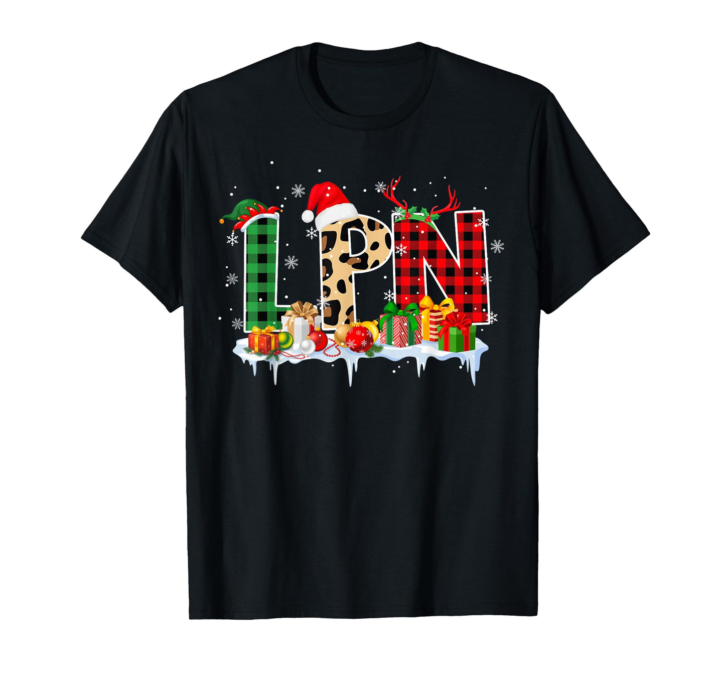 Leopard Red Plaid LPN Nursing Santa Hat Reindeer Christmas T-Shirt