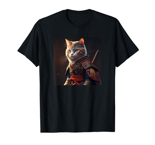 Kawaii Samurai Cat Portrait - Vintage Japanese Art Anime Cat T-Shirt