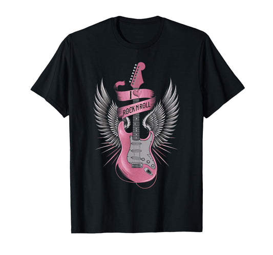 I Love Rock And Roll Pink Guitar Angel Wings Vintage T-Shirt