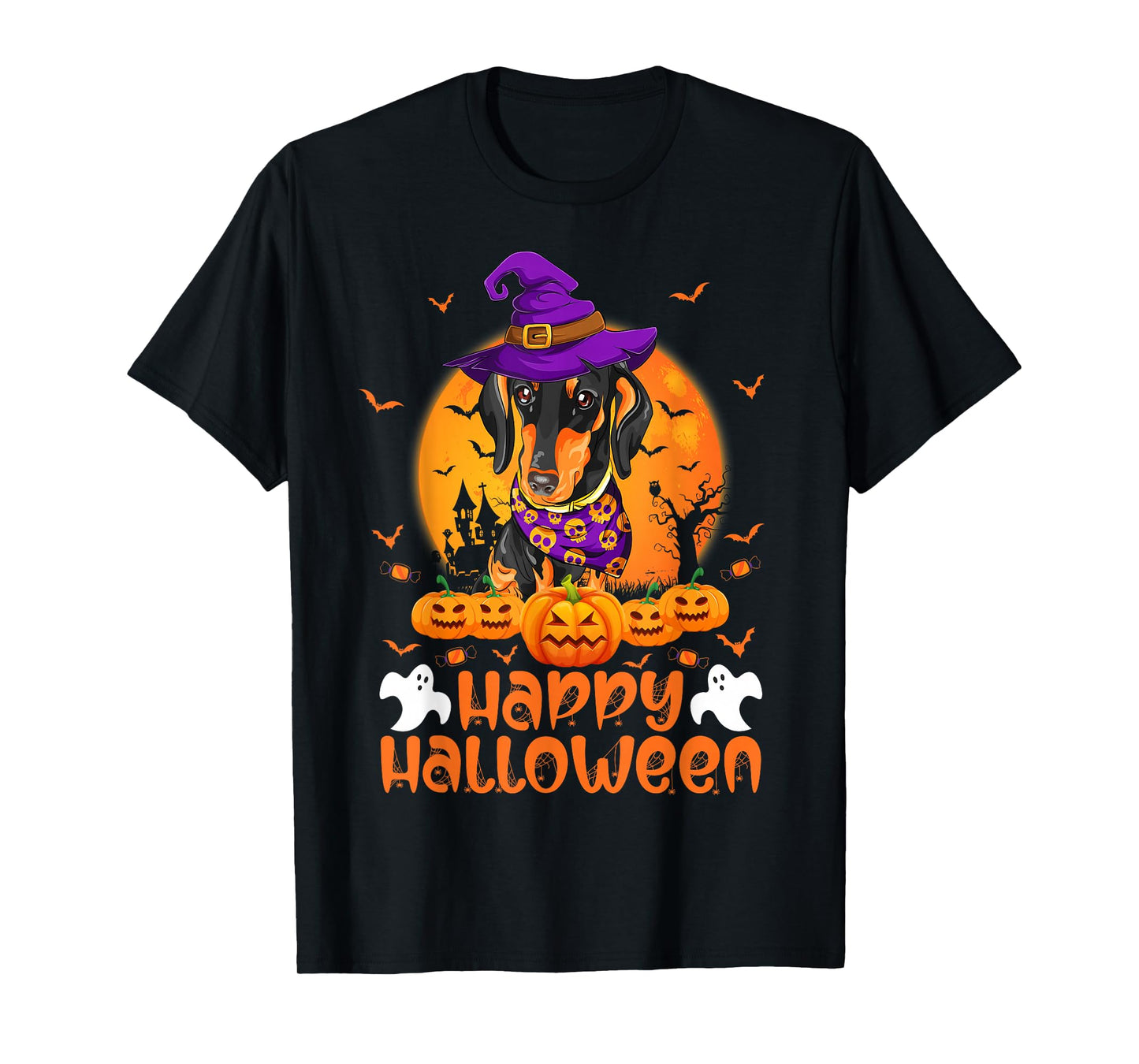 Vintage Pumpkin Dachshund Dog Witch Funny Halloween Costume T-Shirt