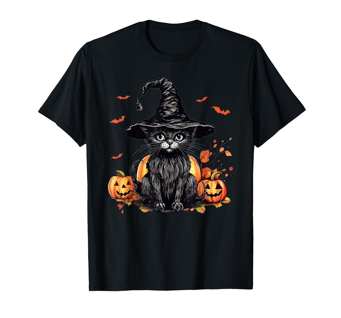 Vintage Scary Black Cat Witch Hat Halloween Costume Women T-Shirt
