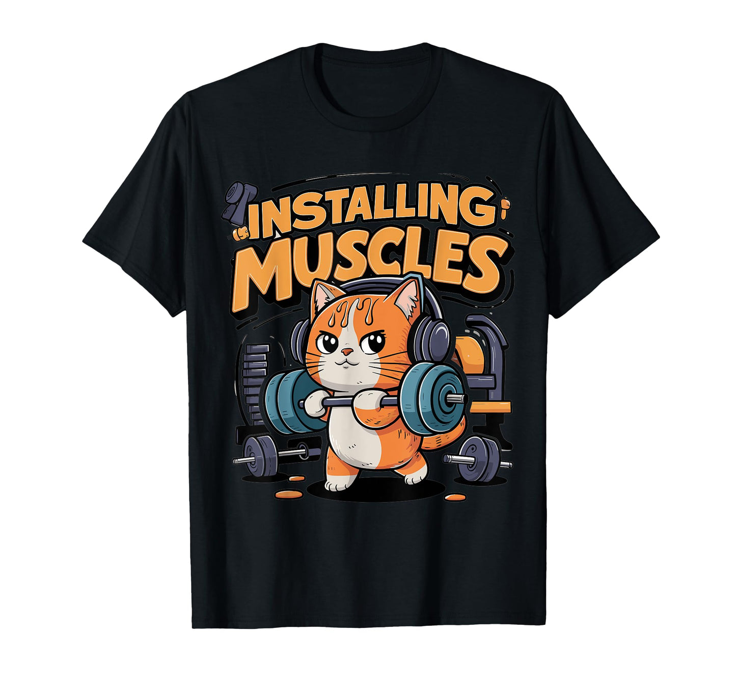 Funny Cat Installing Muscles Please Wait Lifting Barbell T-Shirt for Men Women Girls Kids