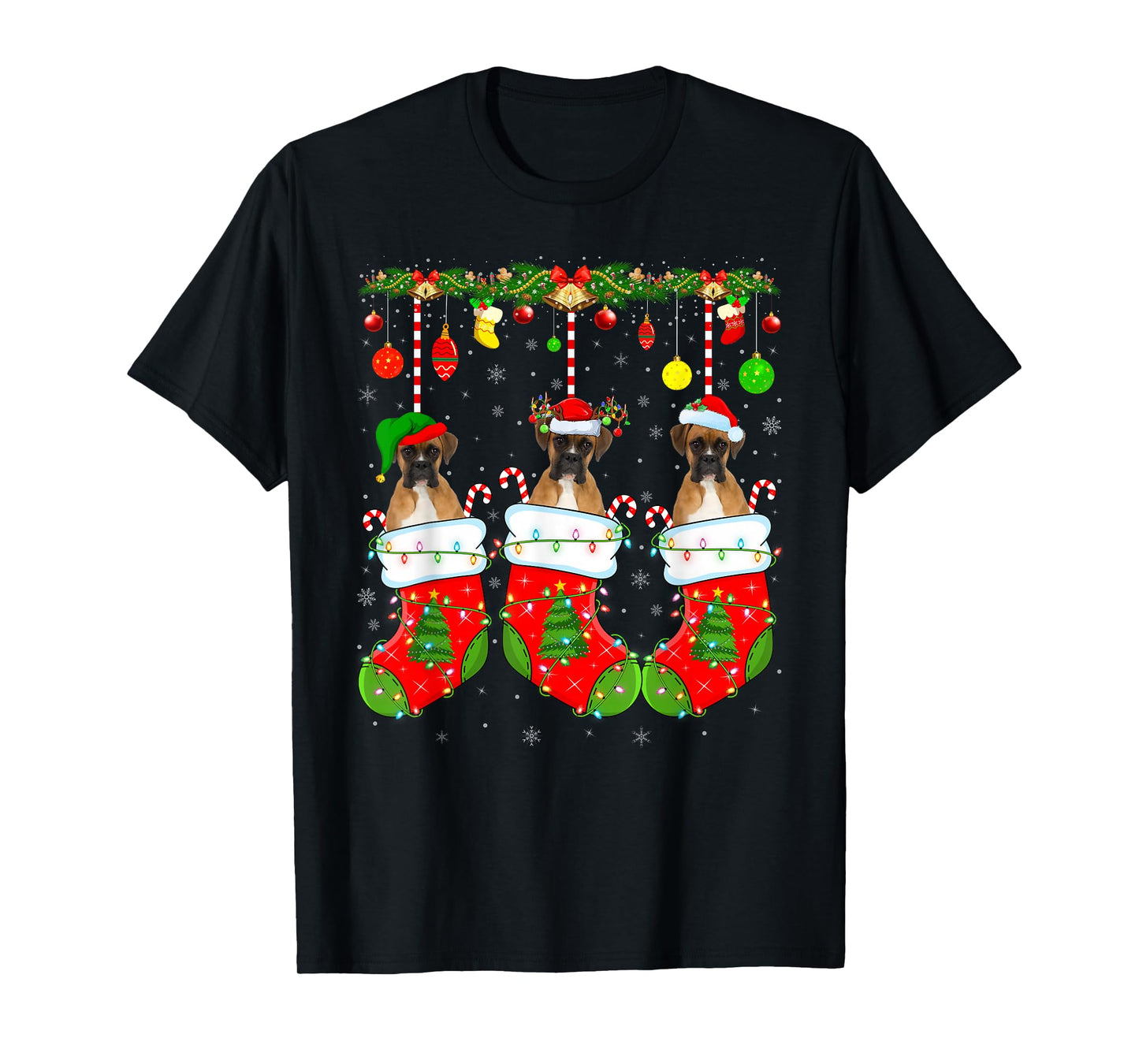 Boxer Dog in Christmas Socks Funny Pet Dog Lover Xmas T-Shirt