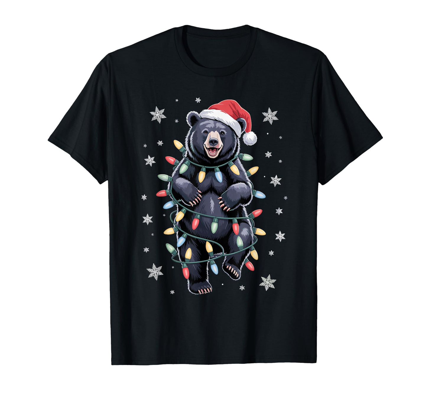 Christmas Bear Santa Hat Holiday Black Winter Vibes Funny T-Shirt