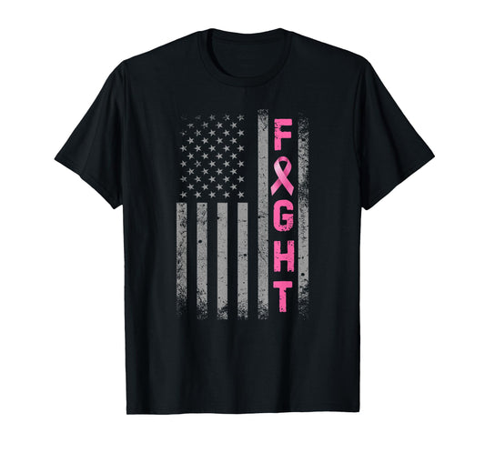 Fight Breast Cancer Awareness Pink Ribbon USA American Flag T-Shirt