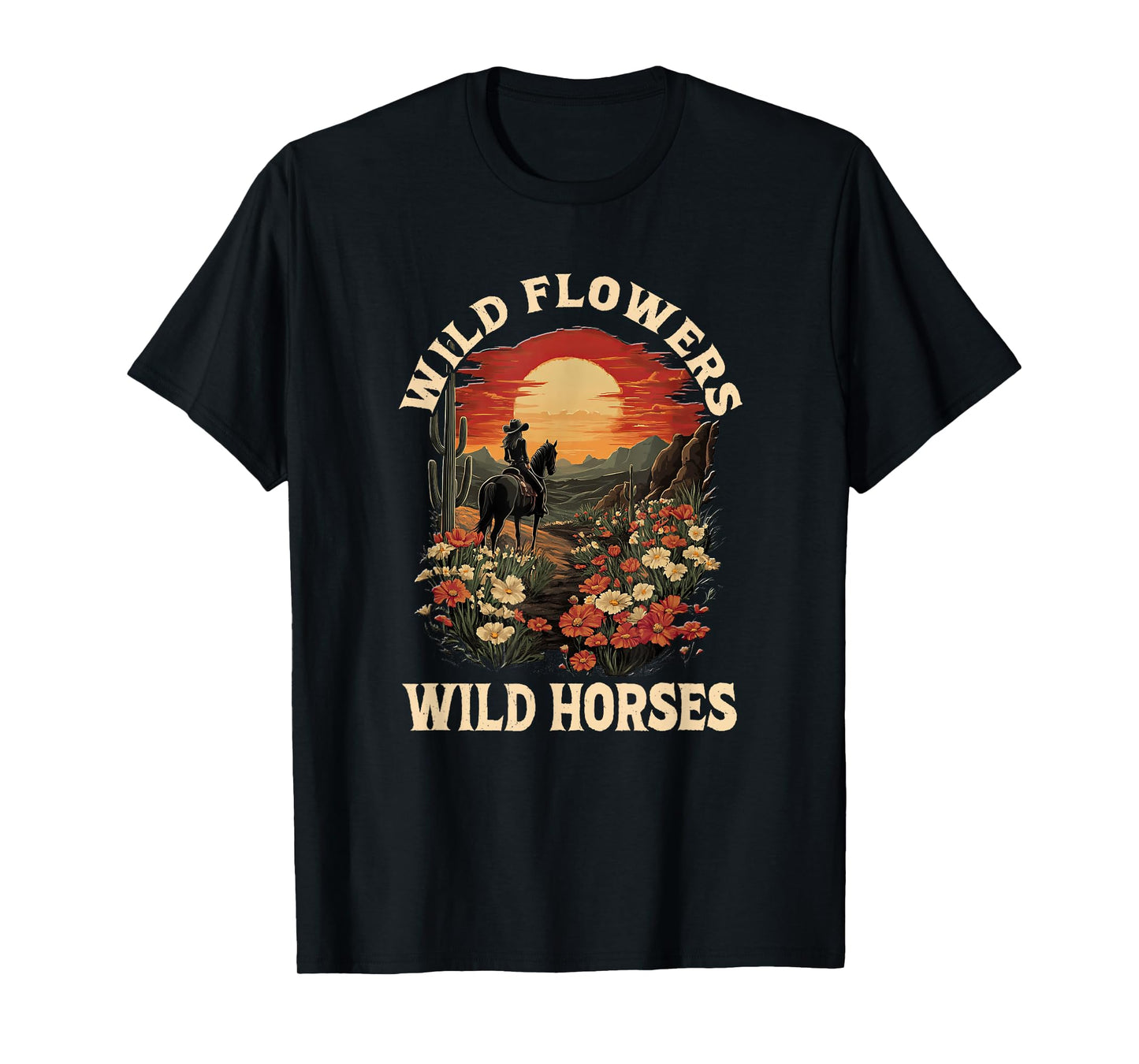 western sunset cowgirl riding horse wild flowers wild horses T-Shirt