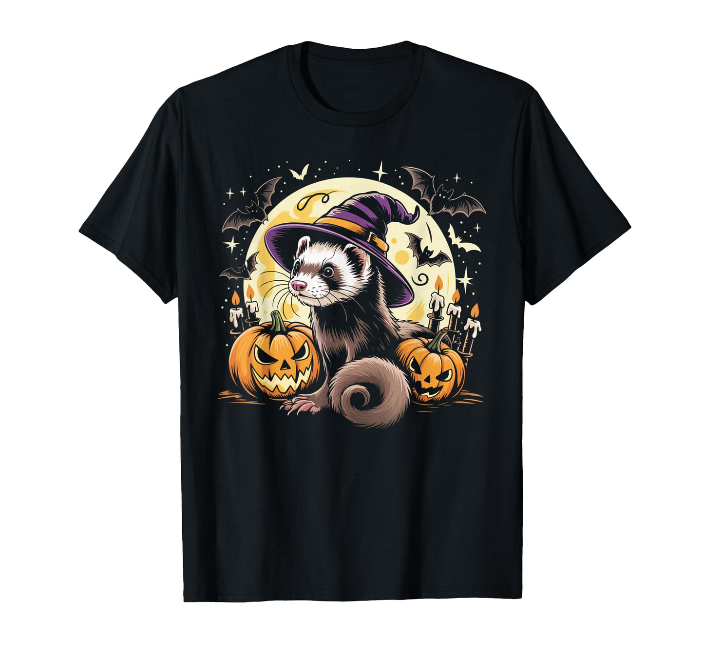 Ferret Witch Halloween - Spooky Pumpkin Bats Art T-Shirt