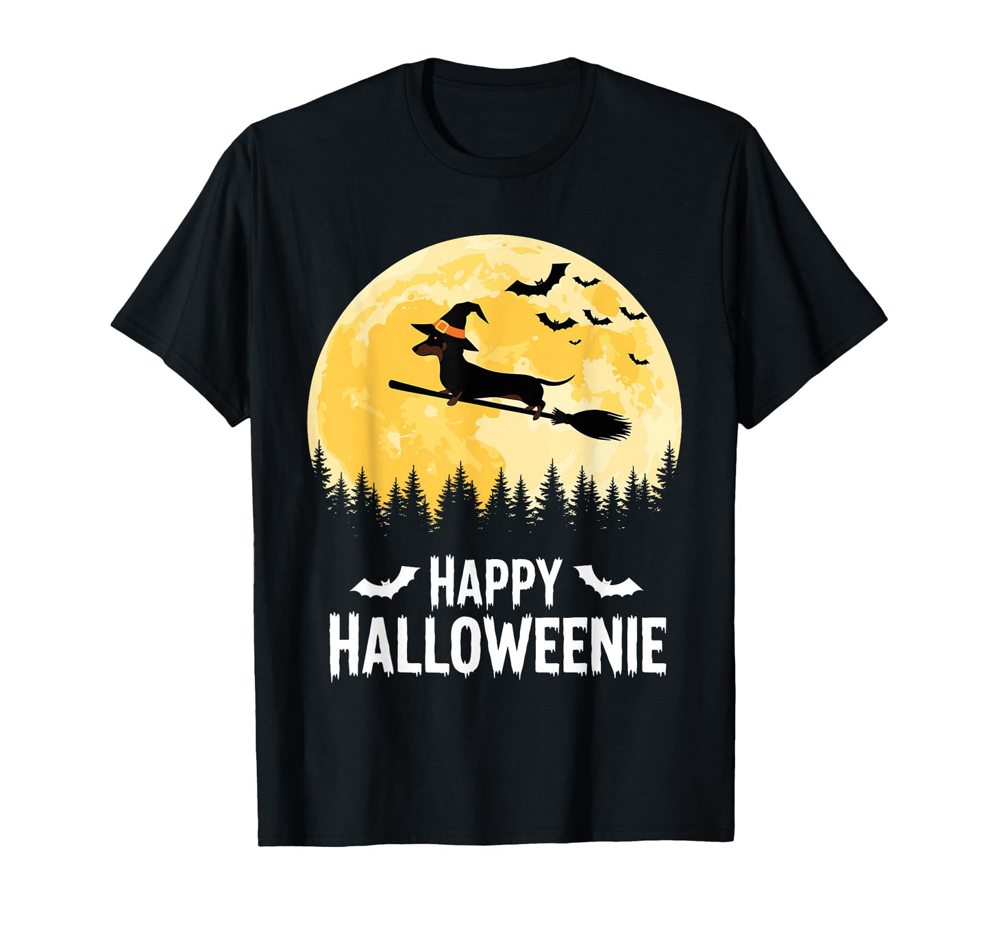 Happy Halloweenie Funny Halloween Dachshund Flying Witch T-Shirt
