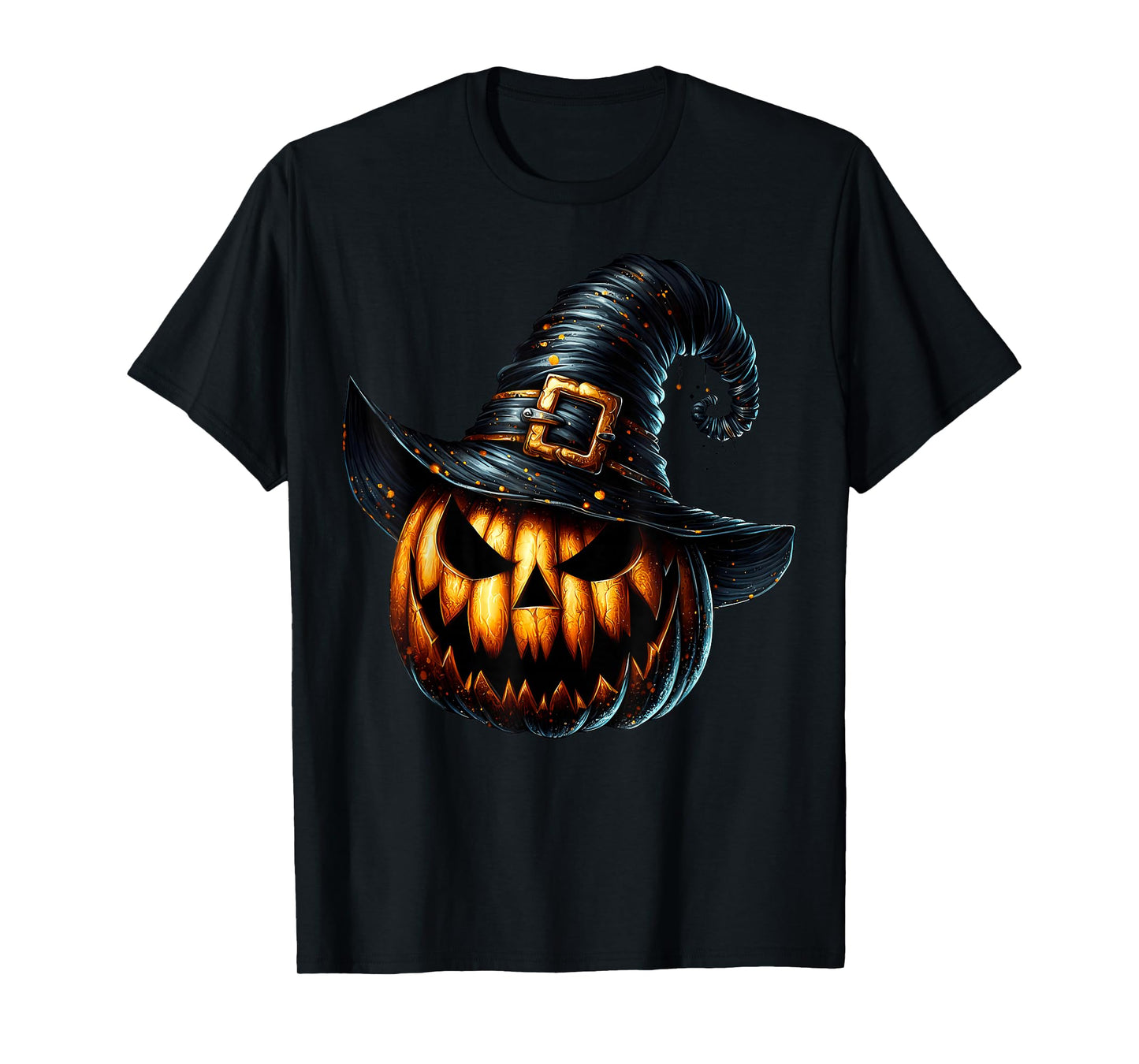 Creepy Halloween Jack O Lantern Pumpkin with Witches Hat T-Shirt