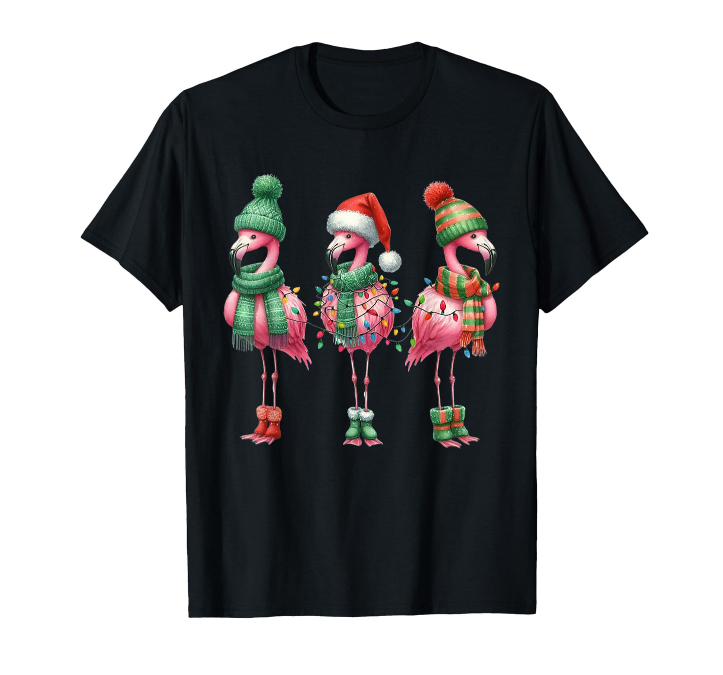 Merry Christmas Cute Flamingo Santa Snow Xmas Lights Pajamas T-Shirt