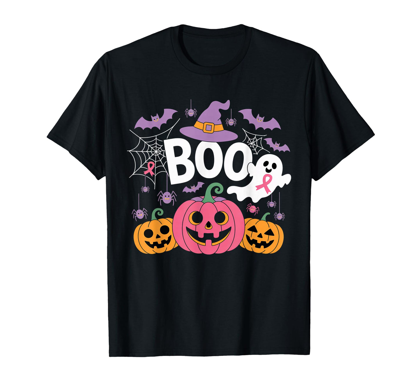 Boo Halloween Pumpkin Pink Ribbon Witch Cancer Awareness T-Shirt