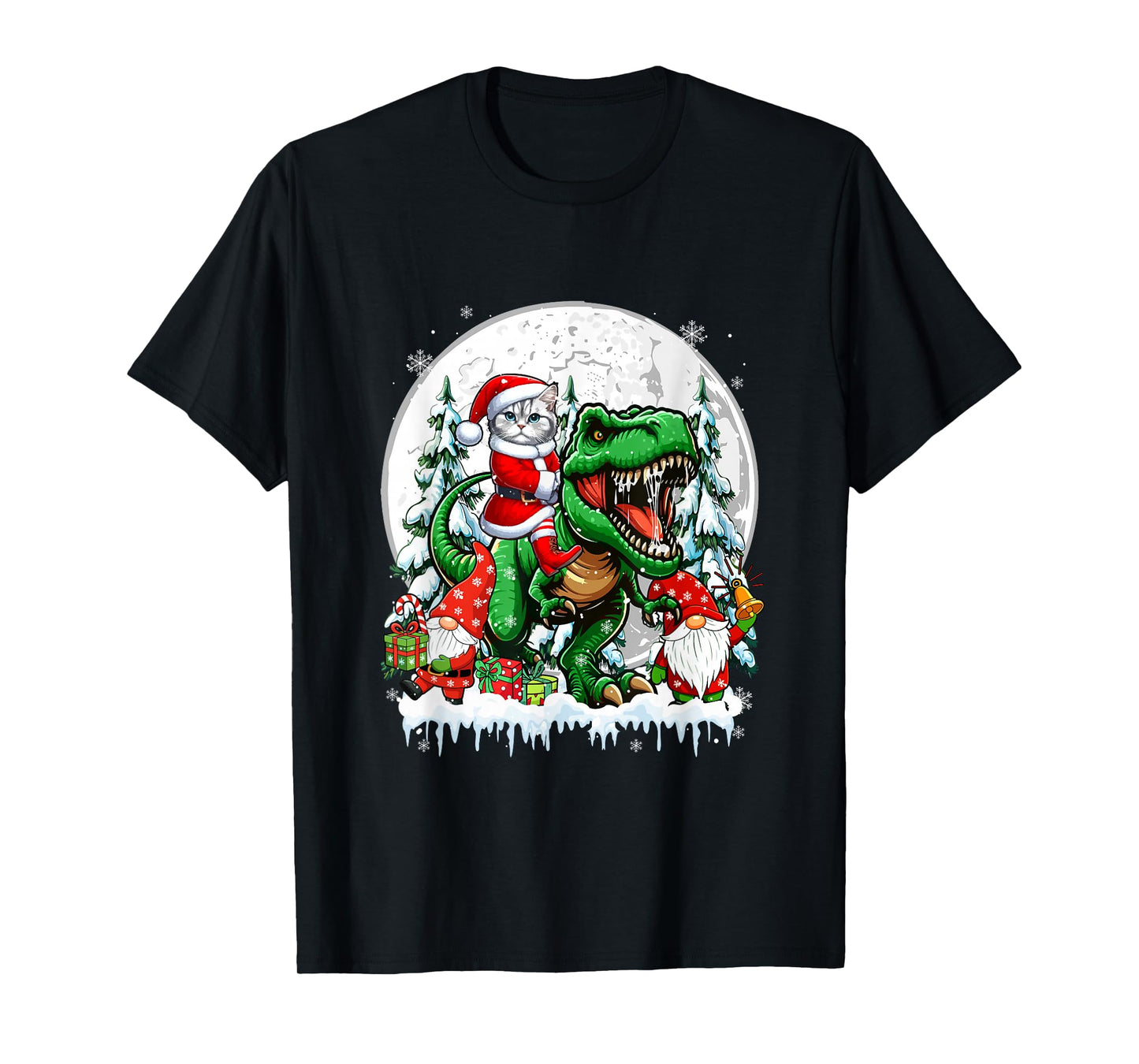 Santa Cat Riding T-Rex Gnomes Christmas Trees Family Kids T-Shirt
