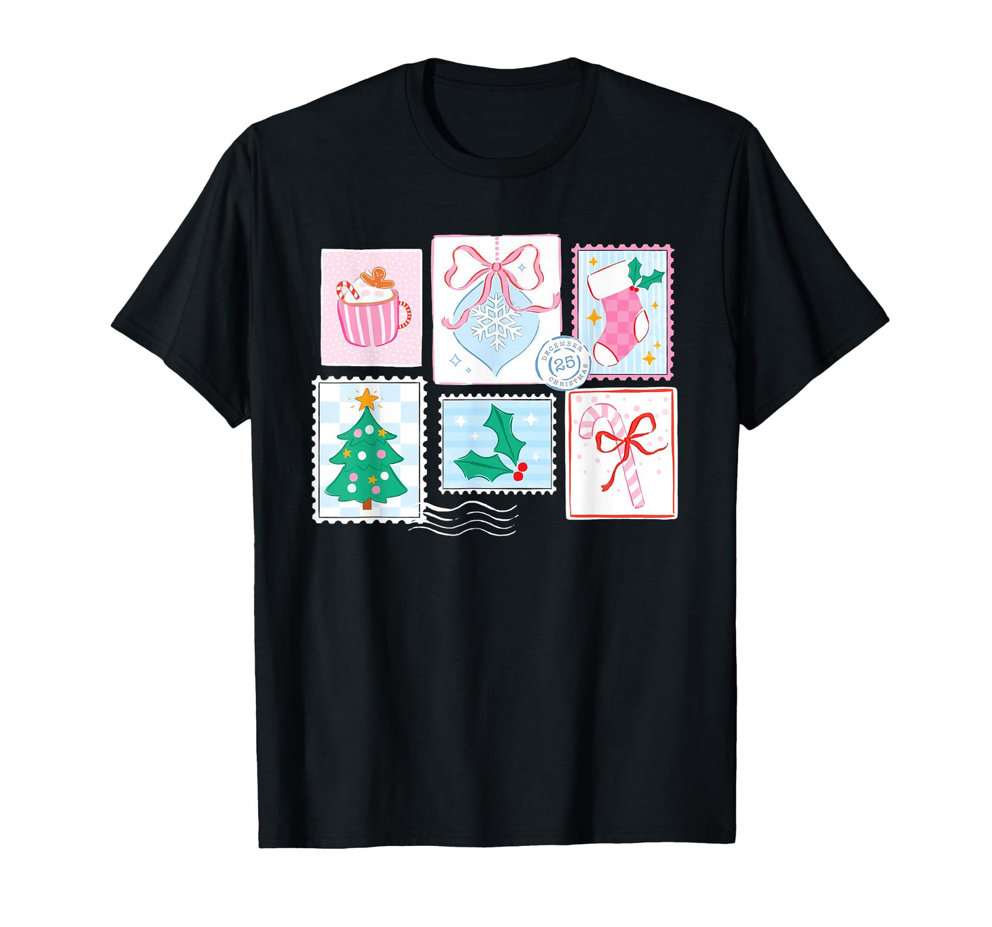 Preppy Pink Coquette Girly Vintage Christmas Stamp Santa T-Shirt