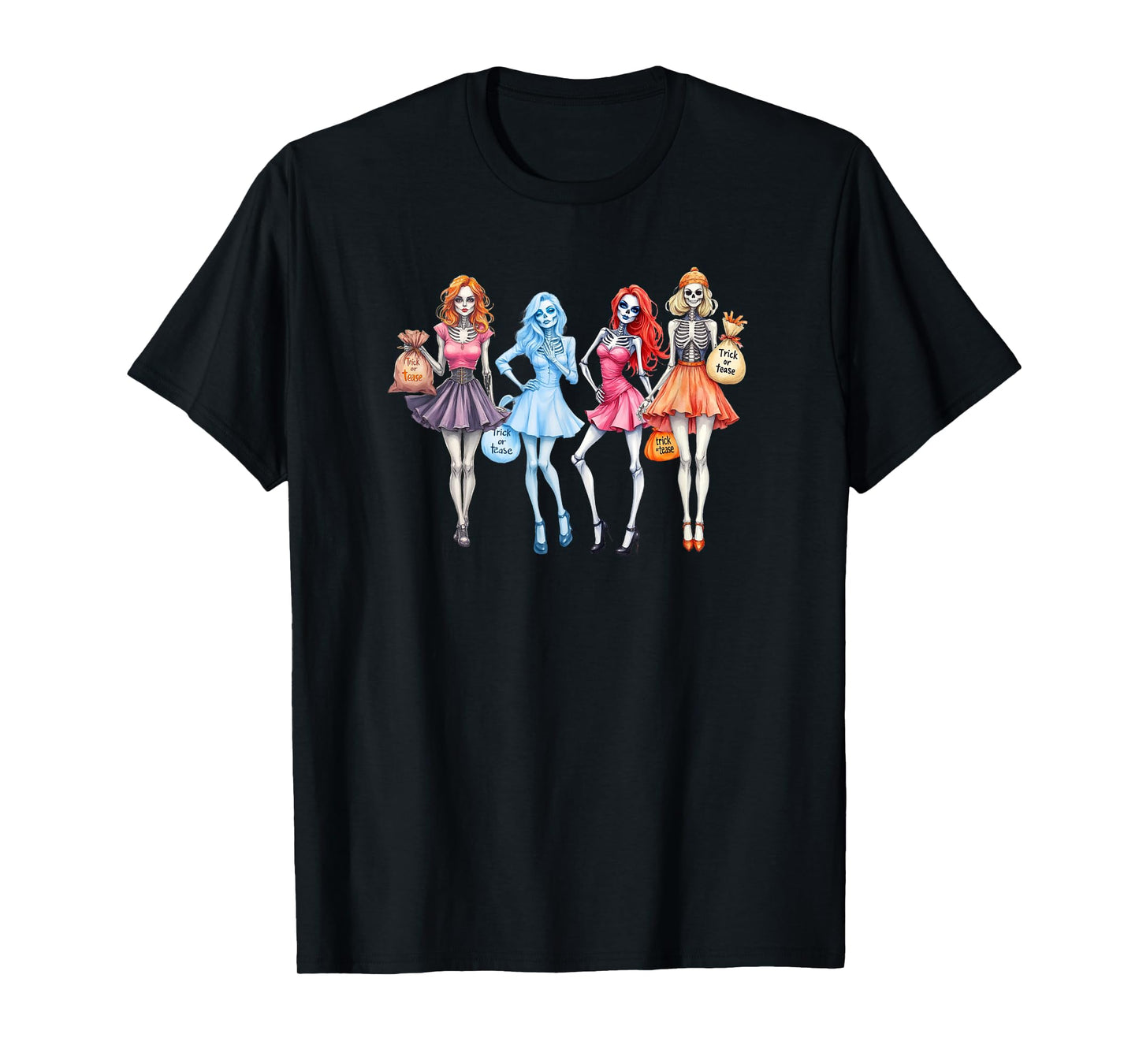 Trick or Tease Halloween Witch Skeleton Pumpkin Ghost T-Shirt