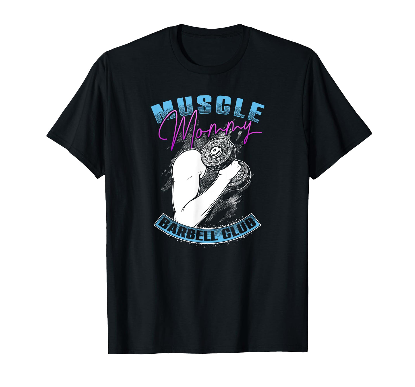 Retro Blue Pink Muscle Mommy Barbell Lifting Club T-Shirt