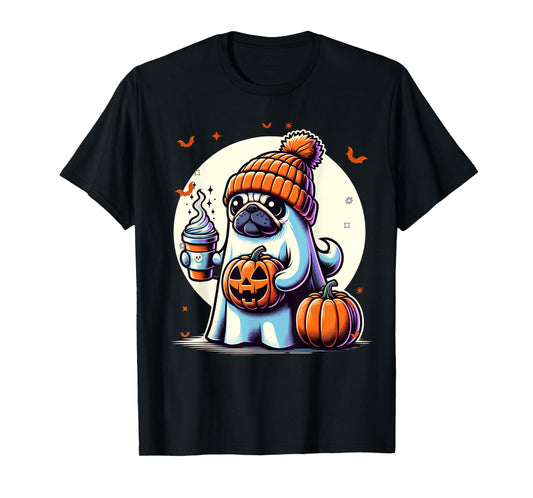 Ghost Pug Pumpkin Drinks Beanie Fall Halloween T-Shirt