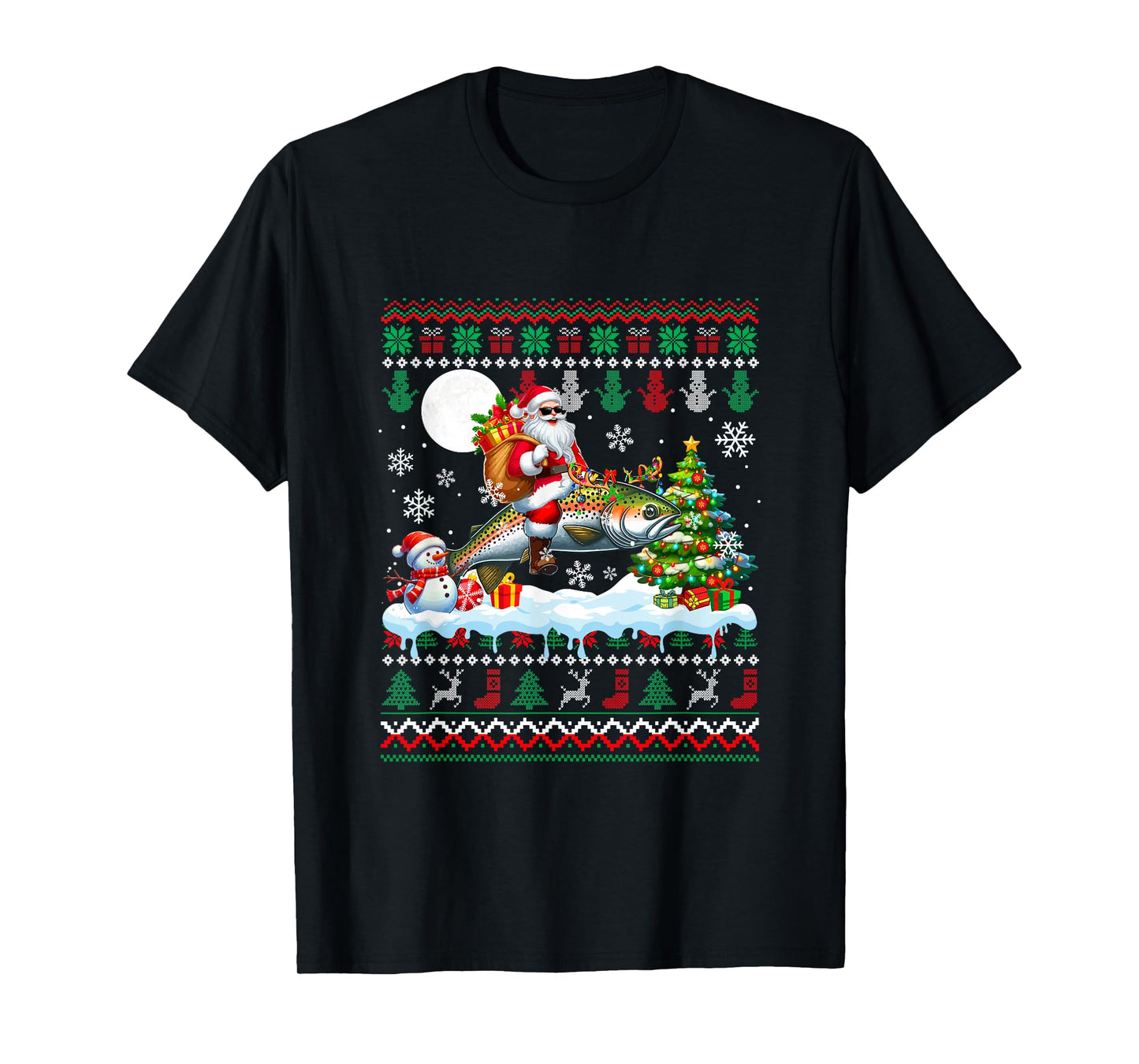 Santa Riding Reindeer Trout Fish Sweater Xmas Tree Snowman T-Shirt