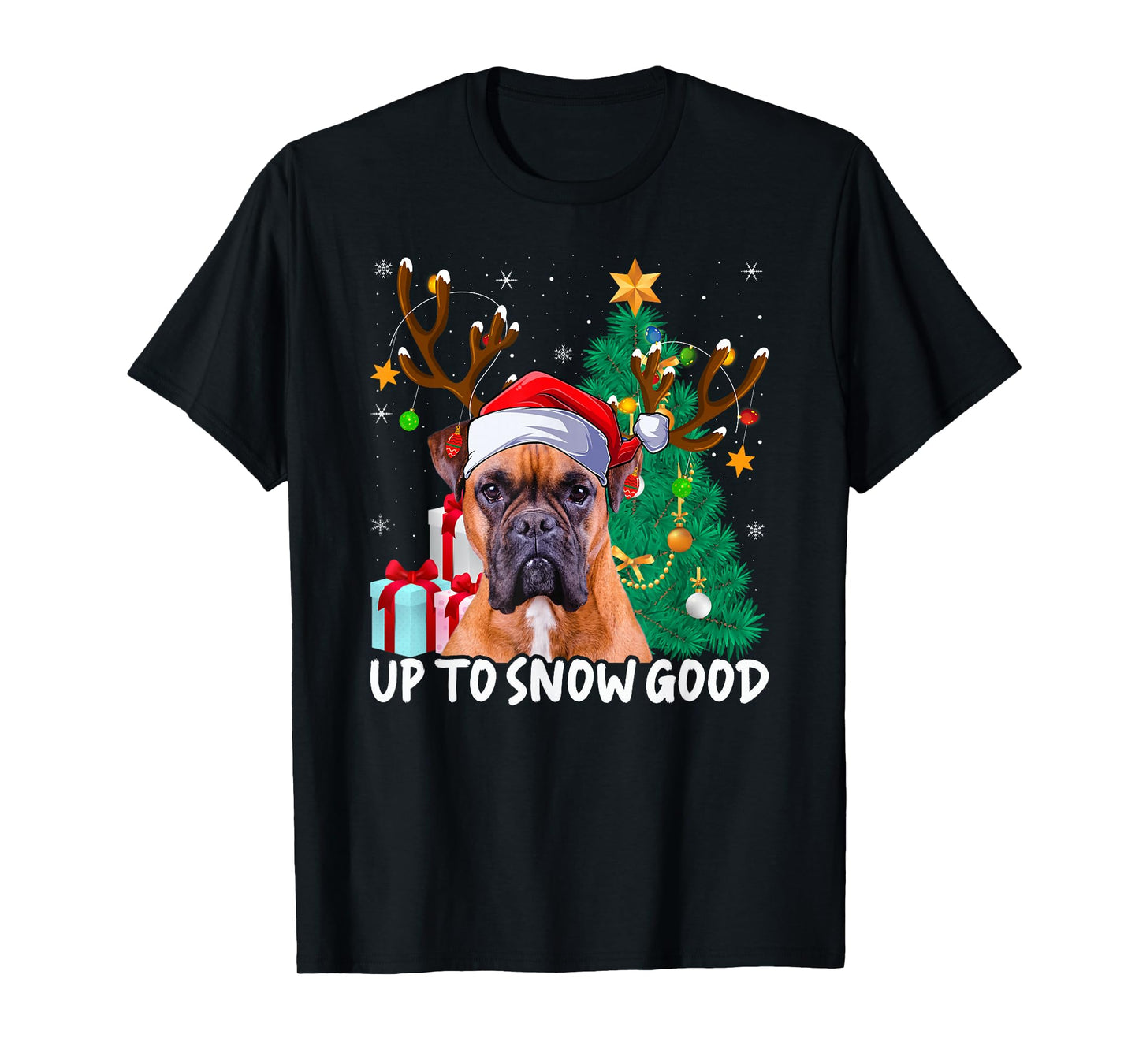 Boxer Dog Christmas Tree Lights Reindeer Santa Hat Xmas T-Shirt