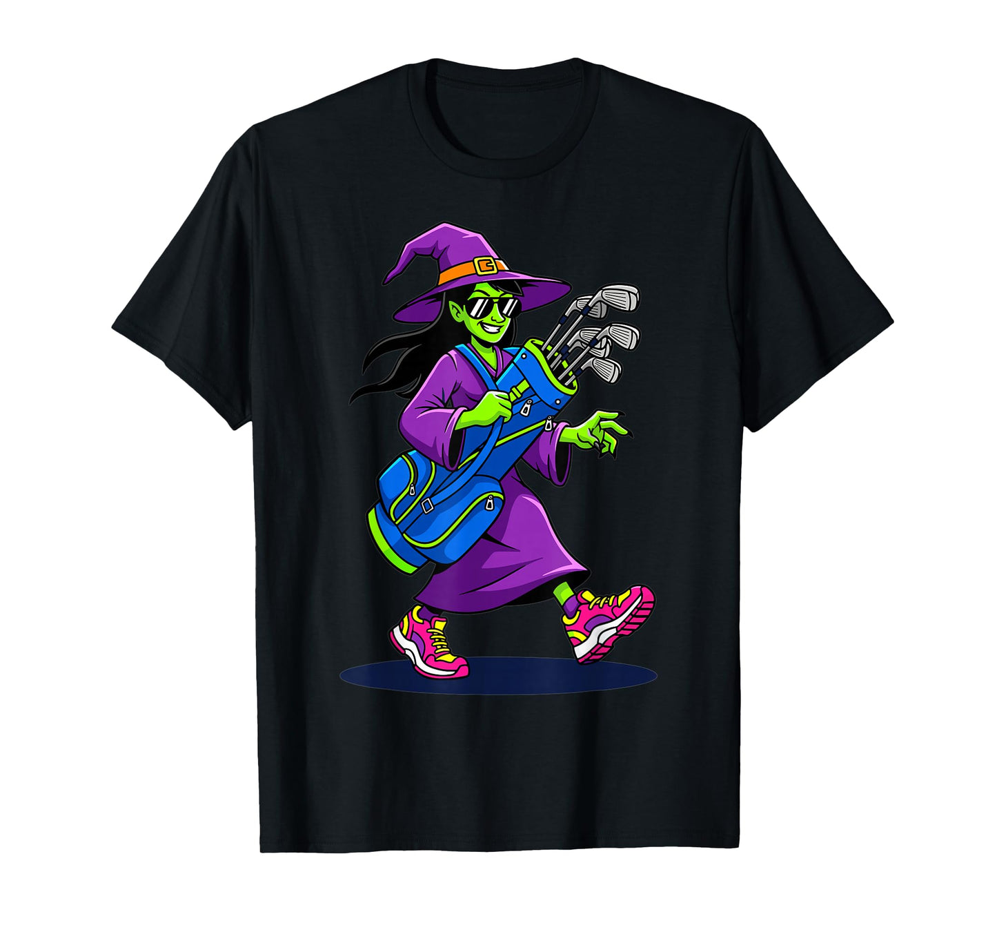 Witch Golfer Cartoon Golf Clubs Halloween Costume T-Shirt