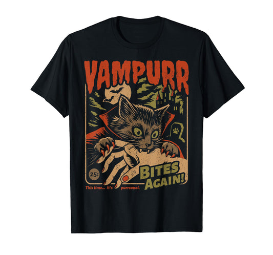 Vampurr Bites Again! Funny Cat Halloween Vintage Graphic T-Shirt
