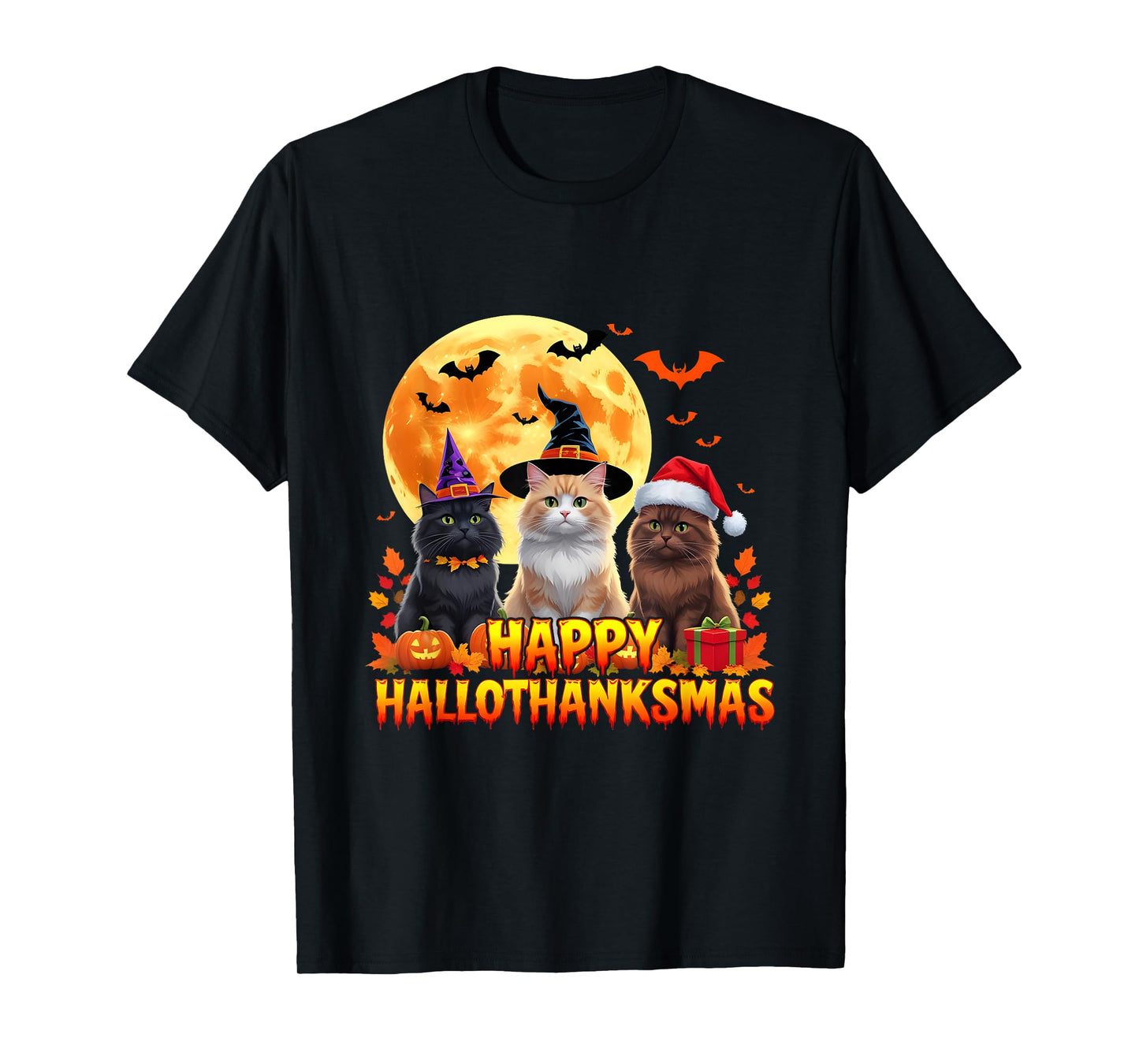 Cats Halloween Thanksgiving Christmas Happy Hallothanksmas T-Shirt