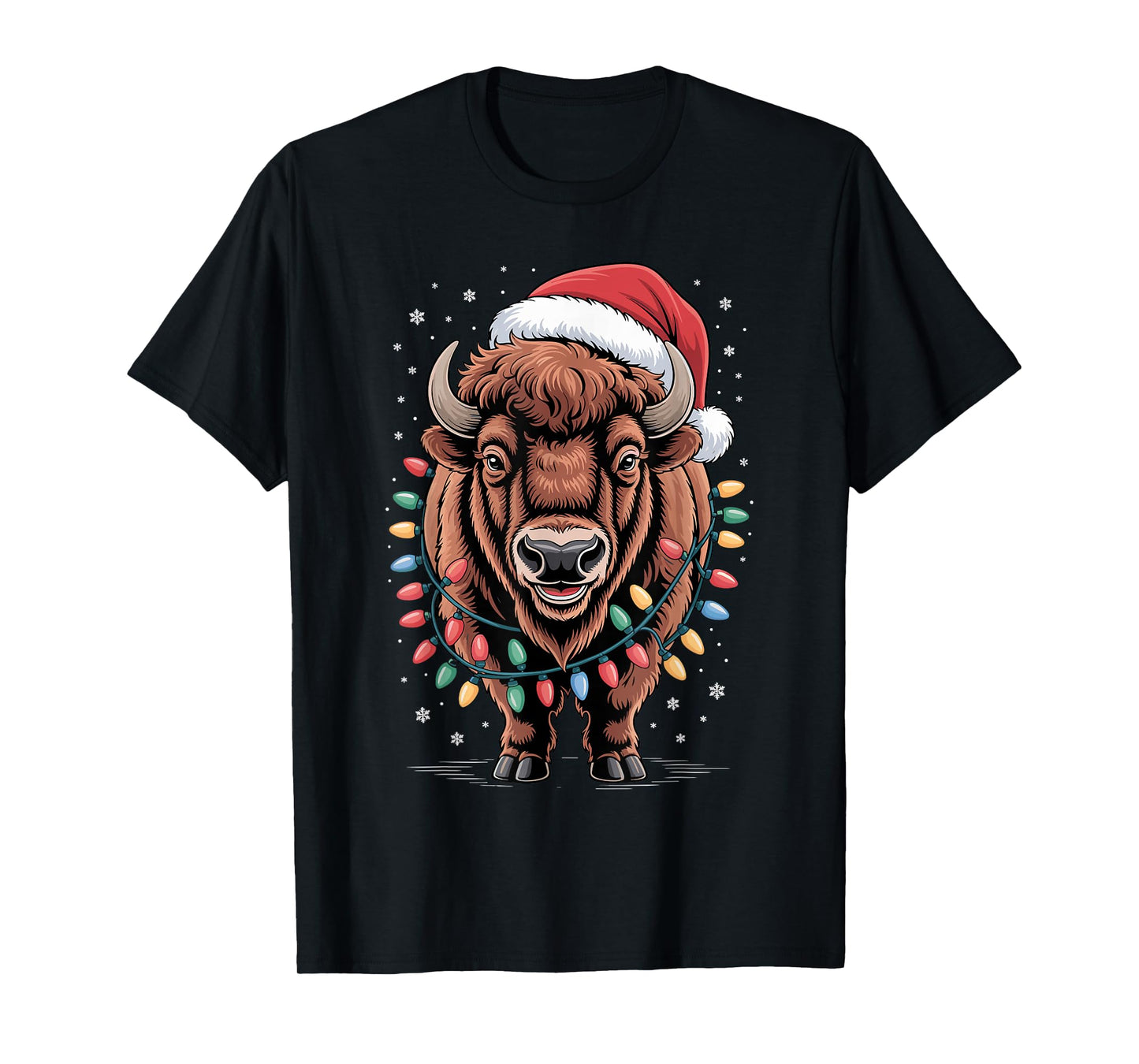 Christmas Bison Buffalo Holiday Colorful Light Santa Hat Fun T-Shirt