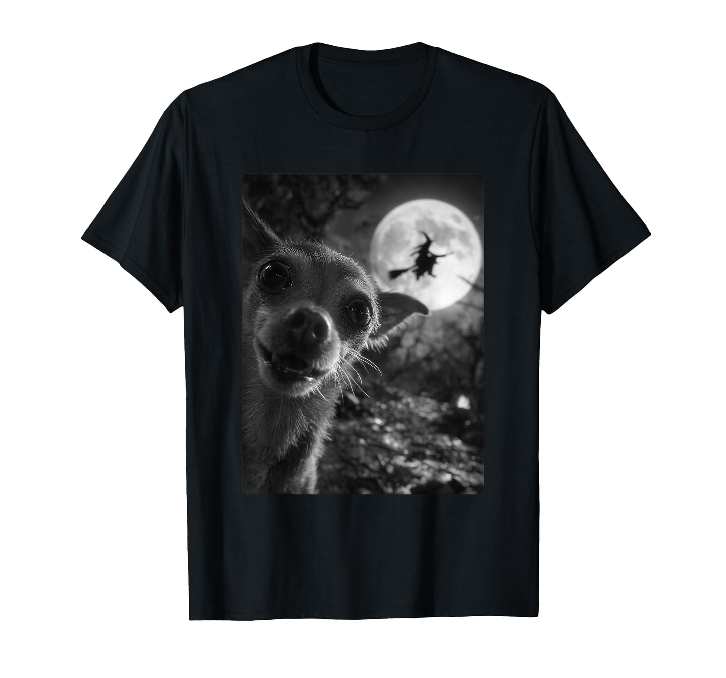 Funny Chihuahua Selfie Full Moon Flying Witch Halloween Dog T-Shirt