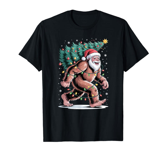 Cute Santa Bigfoot Carrying Decorated Christmas Tree T-Shirt