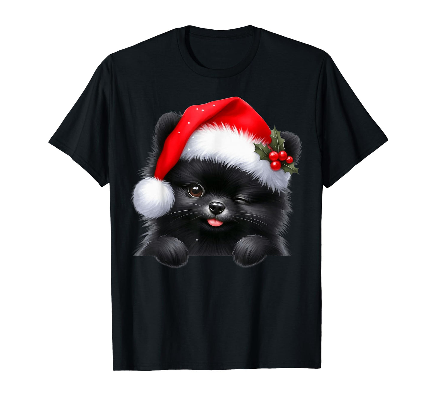 Black Pomeranian Dog Christmas Santa Hat Dog Mom Dad T-Shirt