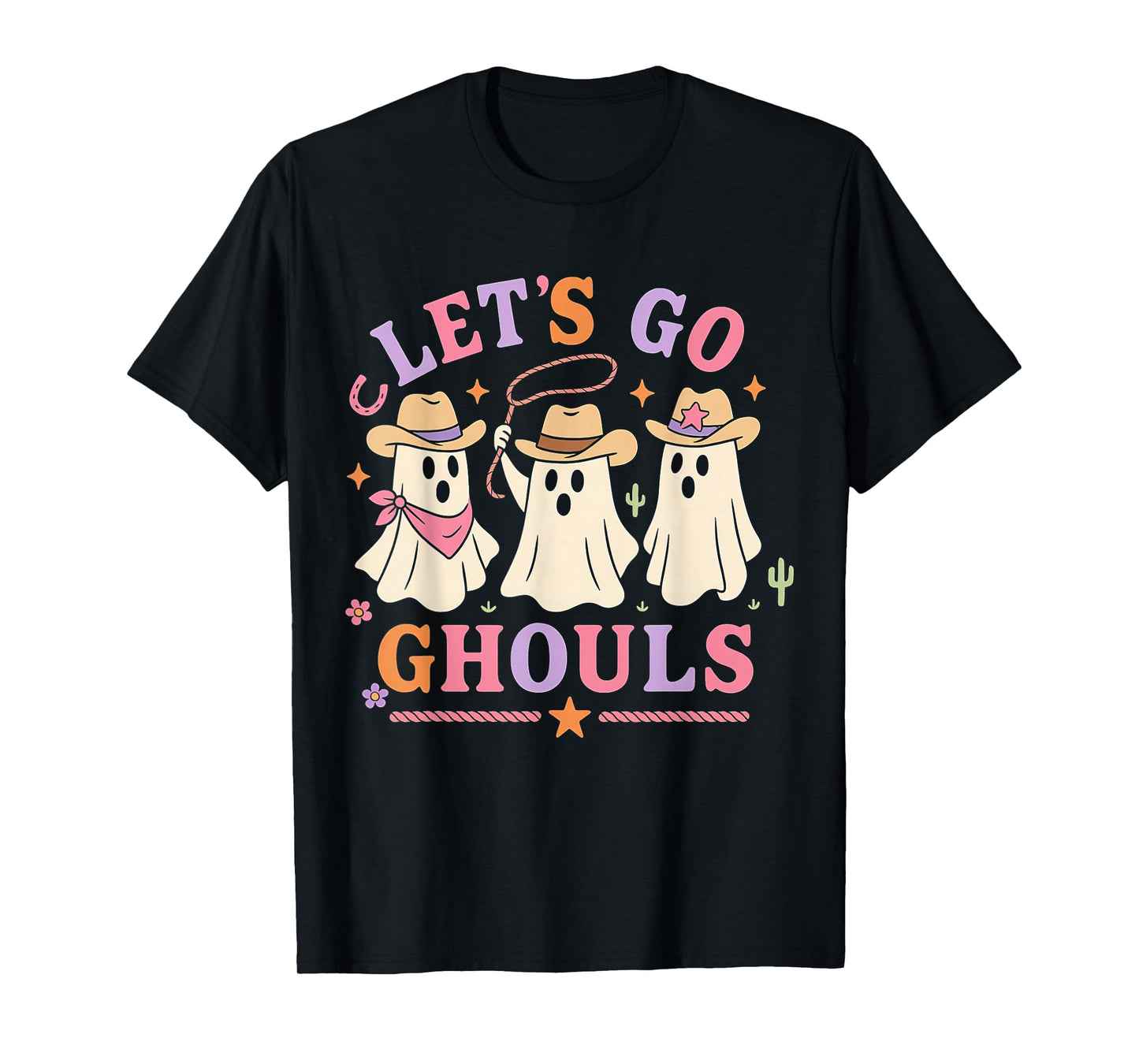 Let's Go Ghouls Halloween Ghost Costume Retro Groovy Cowgirl T-Shirt