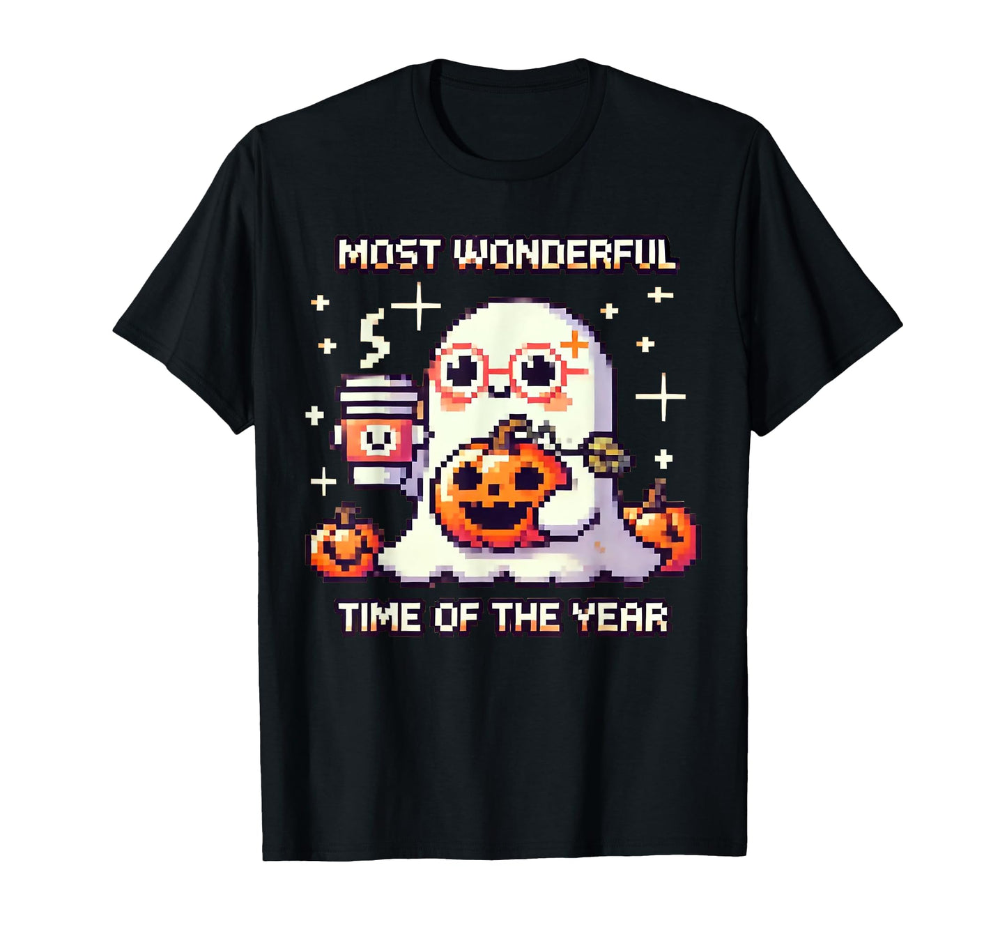 Halloween Pixel Ghost Drinking Coffee Lover Cute Ghost Gamer T-Shirt