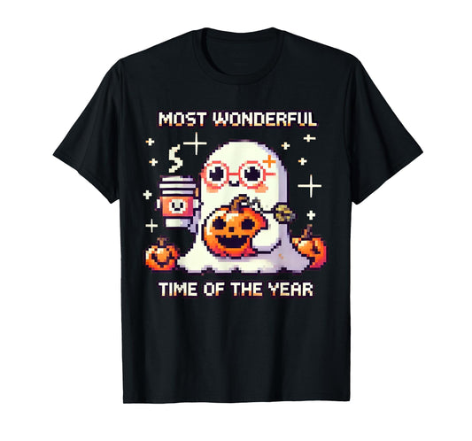 Halloween Pixel Ghost Drinking Coffee Lover Cute Ghost Gamer T-Shirt