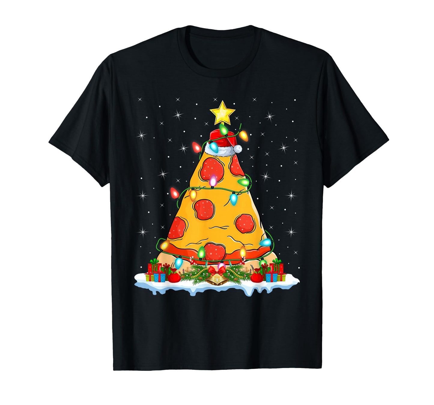 Pizza Christmas Tree Lights Santa Hat Fast Food Pizza Xmas T-Shirt