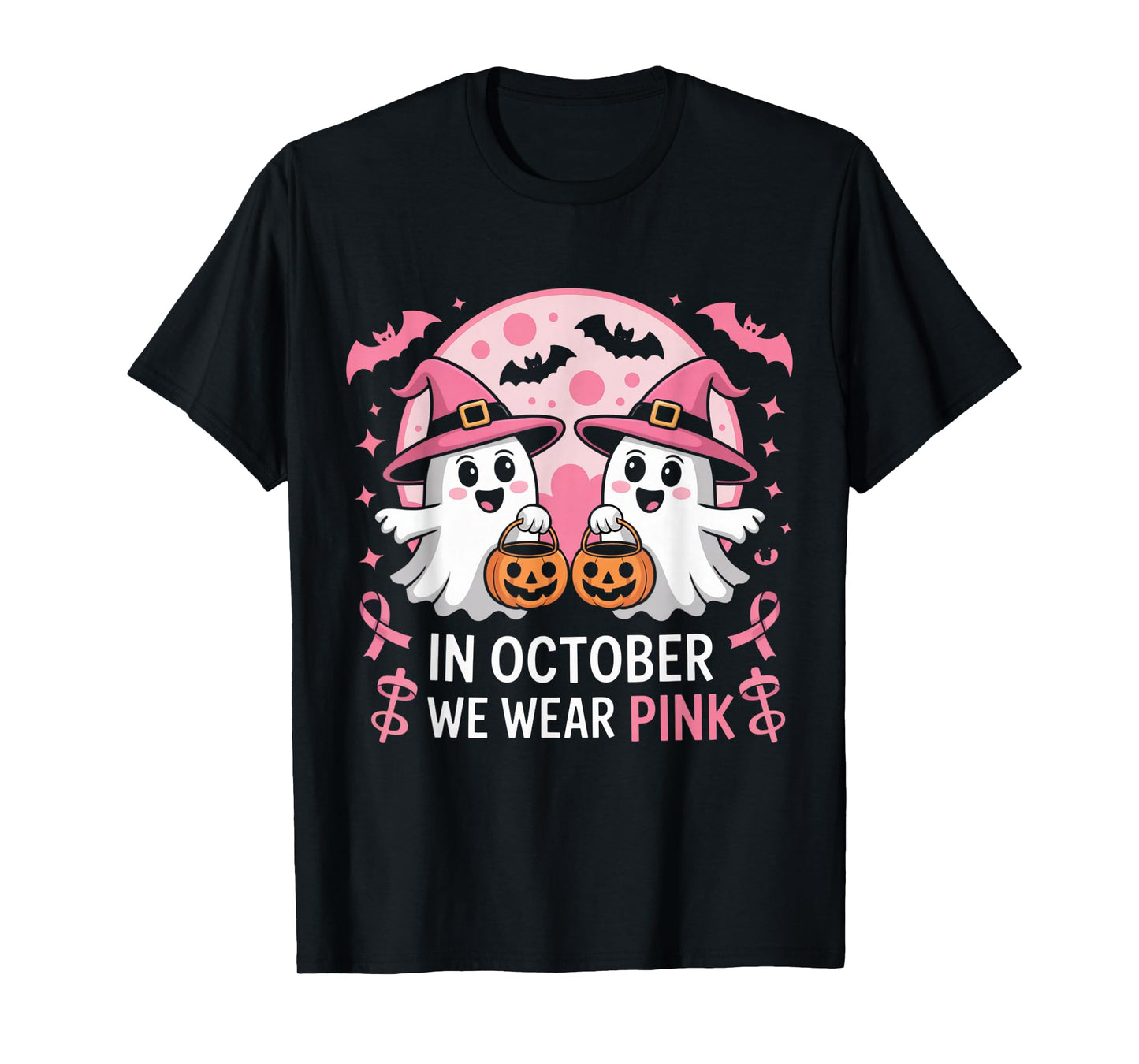 in October We Wear Pink Ghost Witch Breast Cancer Awareness T-Shirt