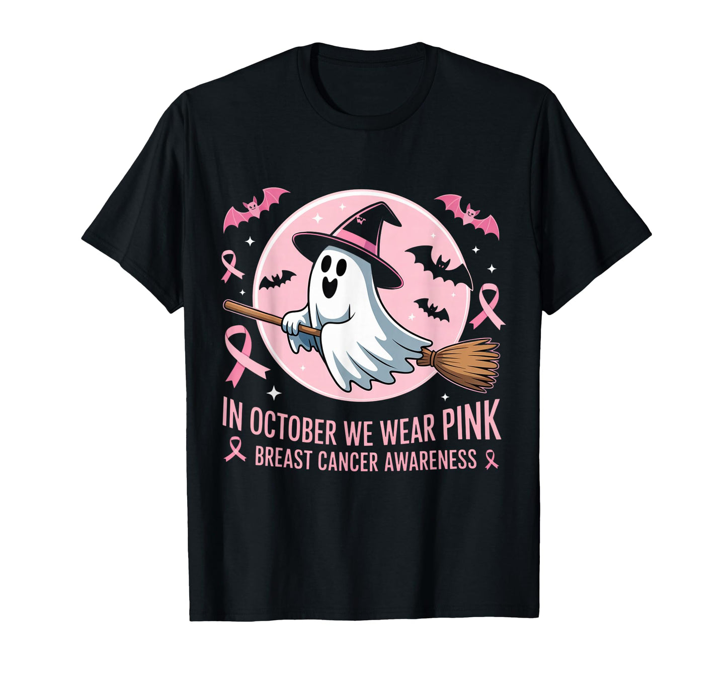 in October We Wear Pink Ghost Witch Breast Cancer Awareness T-Shirt