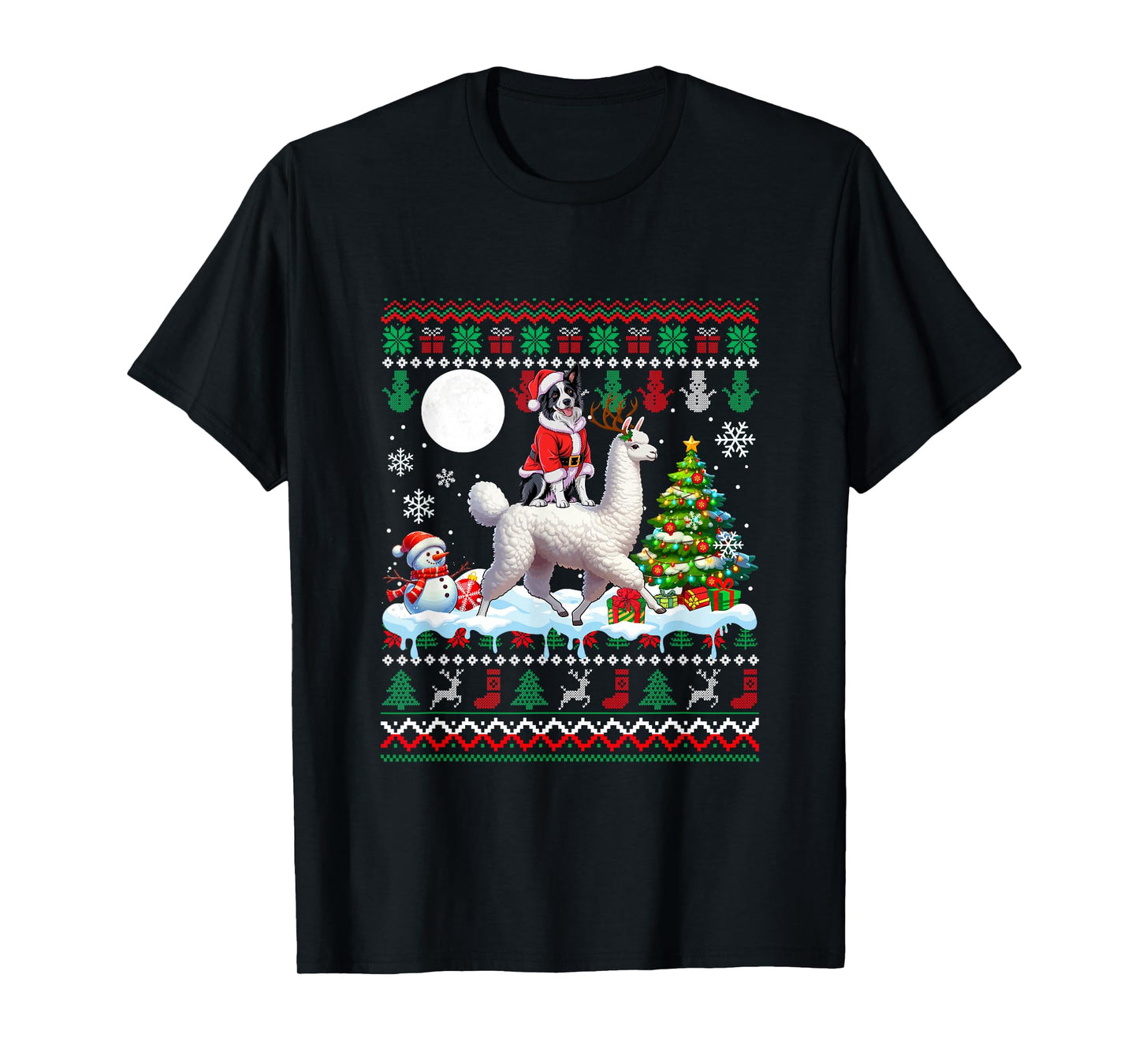 Santa Border Collie Riding Llama Sweater Christmas Owner T-Shirt