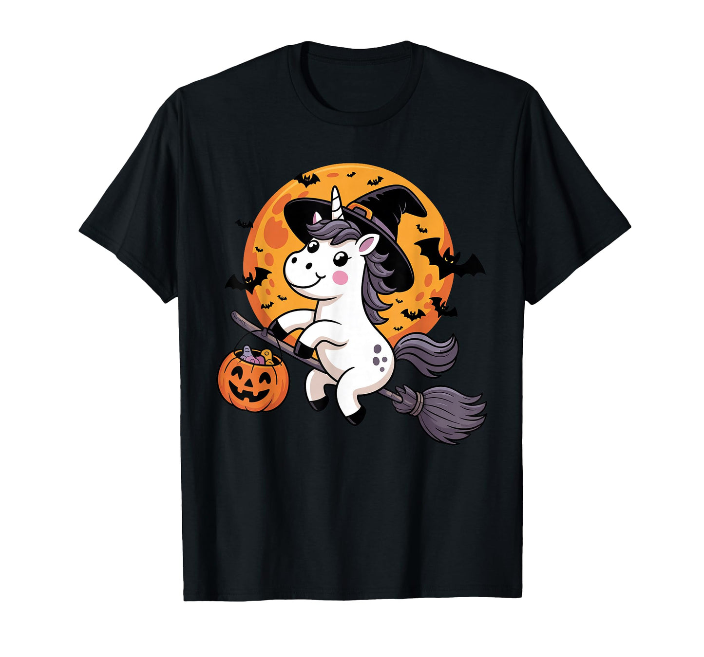 Halloween Unicorn Witch Hat and Broom Pumpkin Candy Bucket T-Shirt